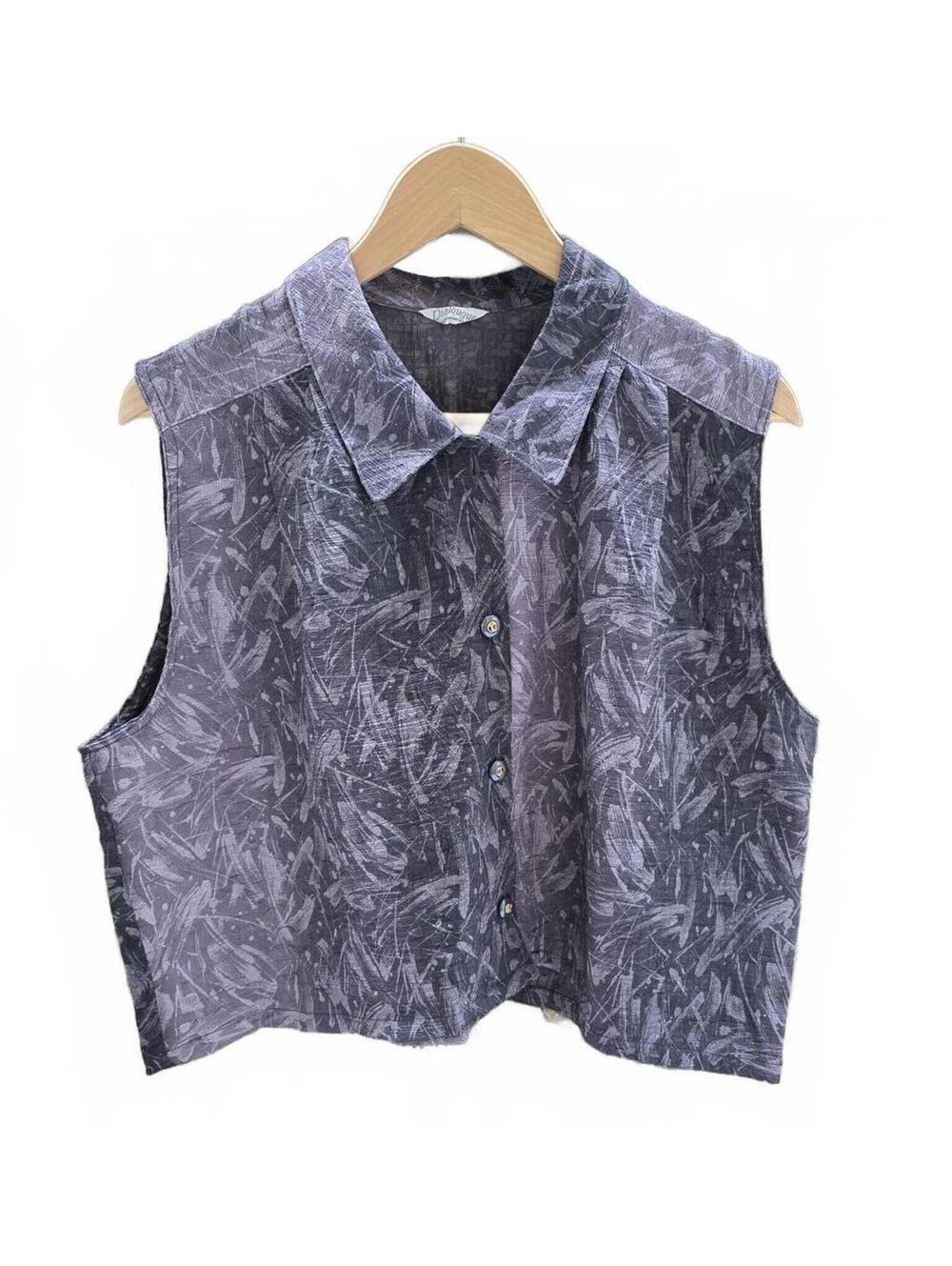 Y2K Aesthetic Graphic Print Collared Vest Blouse Lg Reworked Purple Grey.